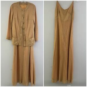 Vintage Futura Couture 2 Piece Gold Maxi Cocktail Dress and Cardigan Jacket SG